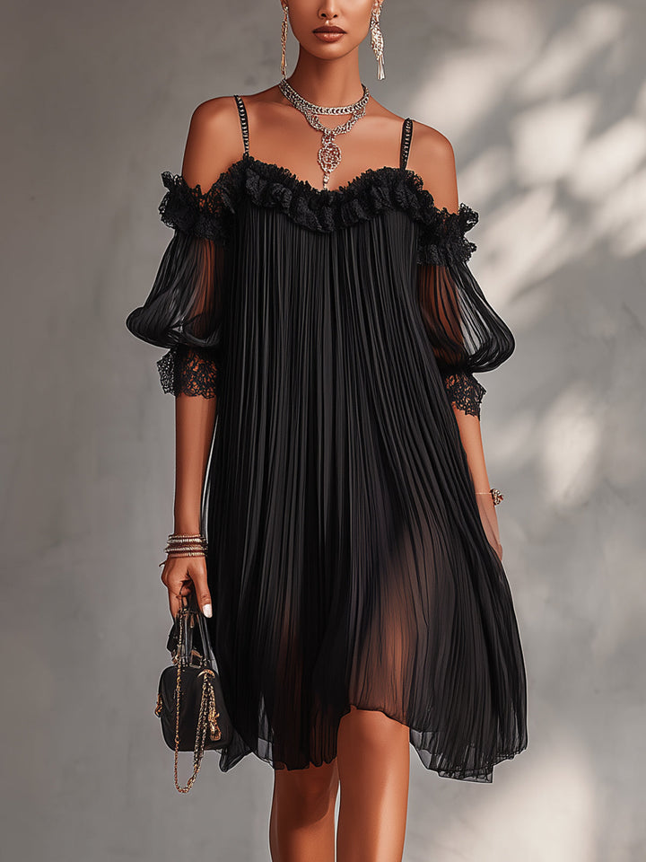 Silija - Chiffon Off-Shoulder Lace Trim Mini Dress