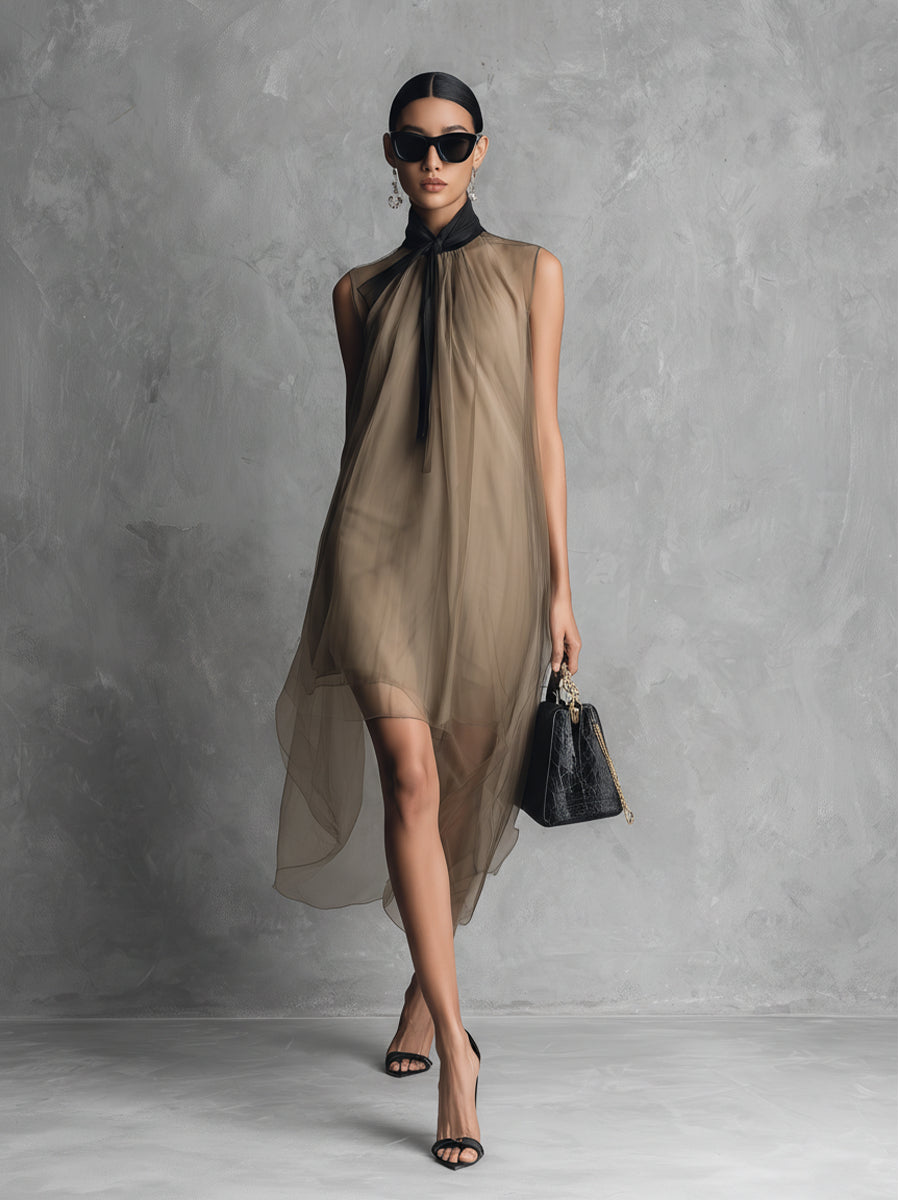 Yupha - Sheer High Neck Asymmetrical Midi Dress