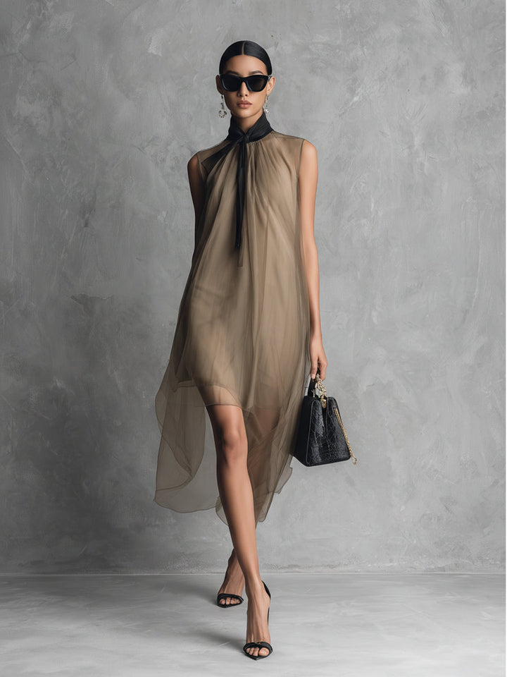 Yupha - Sheer High Neck Asymmetrical Midi Dress