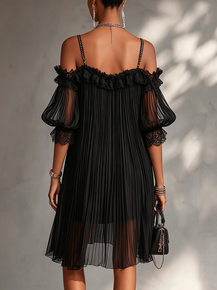 Silija - Chiffon Off-Shoulder Lace Trim Mini Dress
