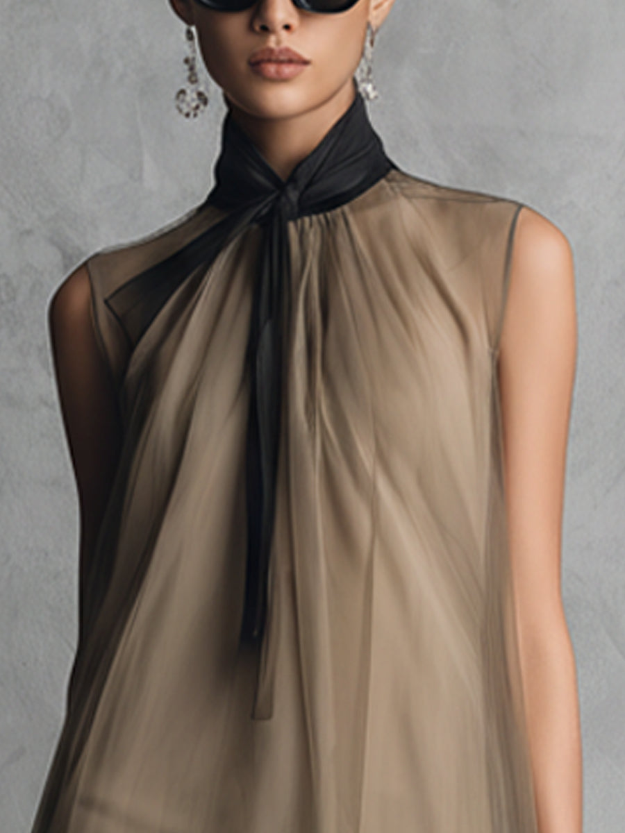 Yupha - Sheer High Neck Asymmetrical Midi Dress
