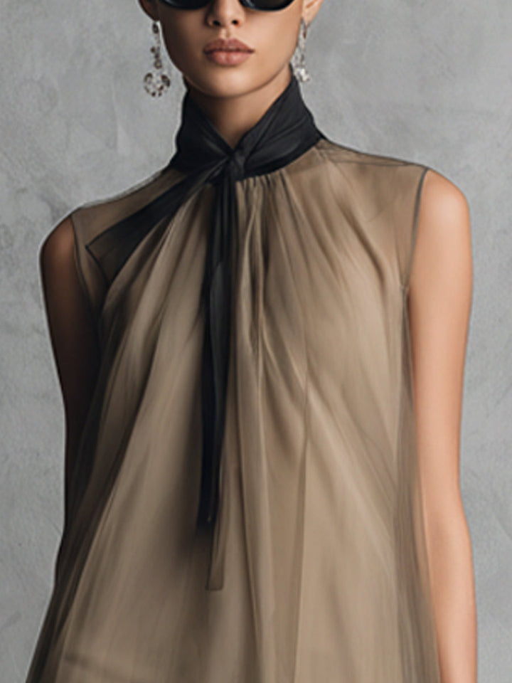Yupha - Sheer High Neck Asymmetrical Midi Dress
