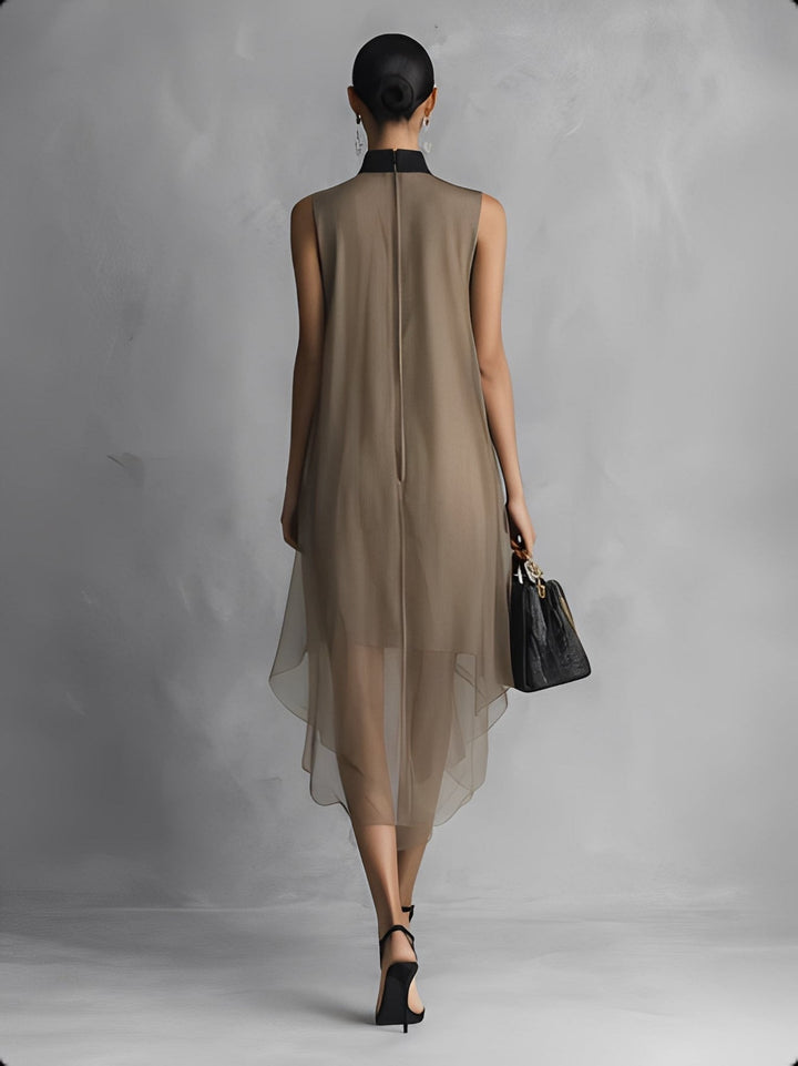 Yupha - Sheer High Neck Asymmetrical Midi Dress