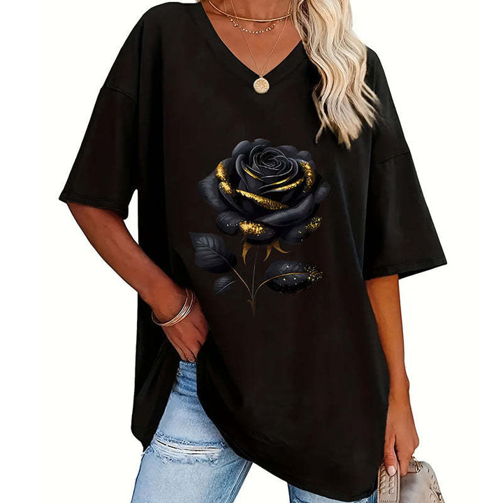 Aijia - Rose Print V-Neck T-Shirt