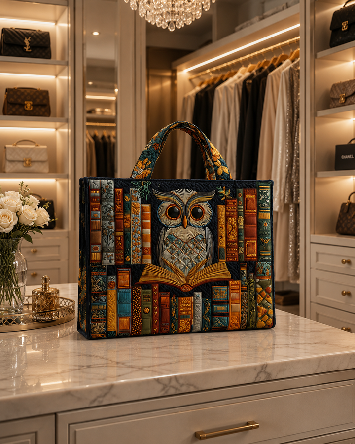 Tyliana - Embroidered Owl Library Quilted Tote Bag