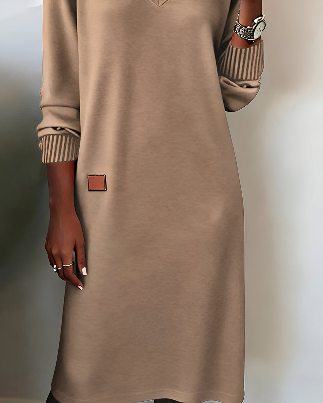 Kymari - Casual Knit Long Dress with V-Neck