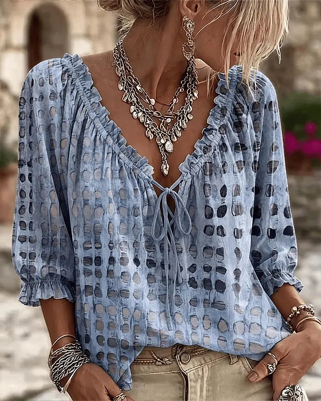 Orlyna - Polka Dot Lace Up Blouse With V-Neck