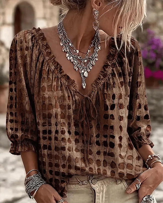 Orlyna - Polka Dot Lace Up Blouse With V-Neck