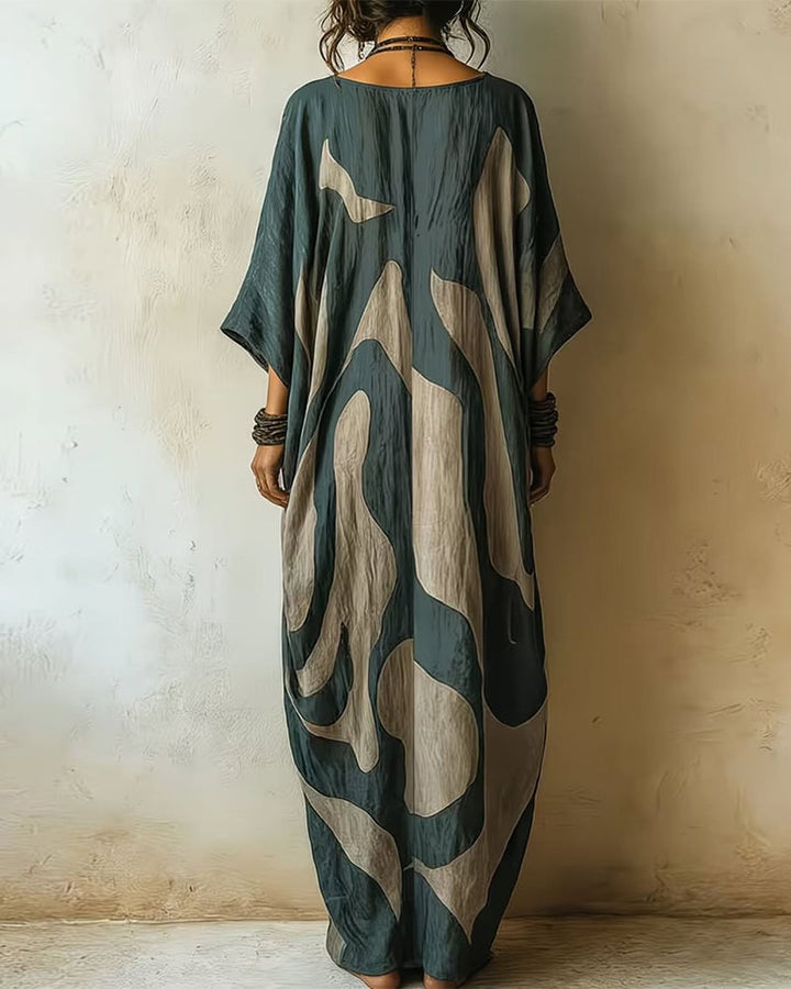 Valarien - V-Neck Abstract Pattern Loose Maxi Dress