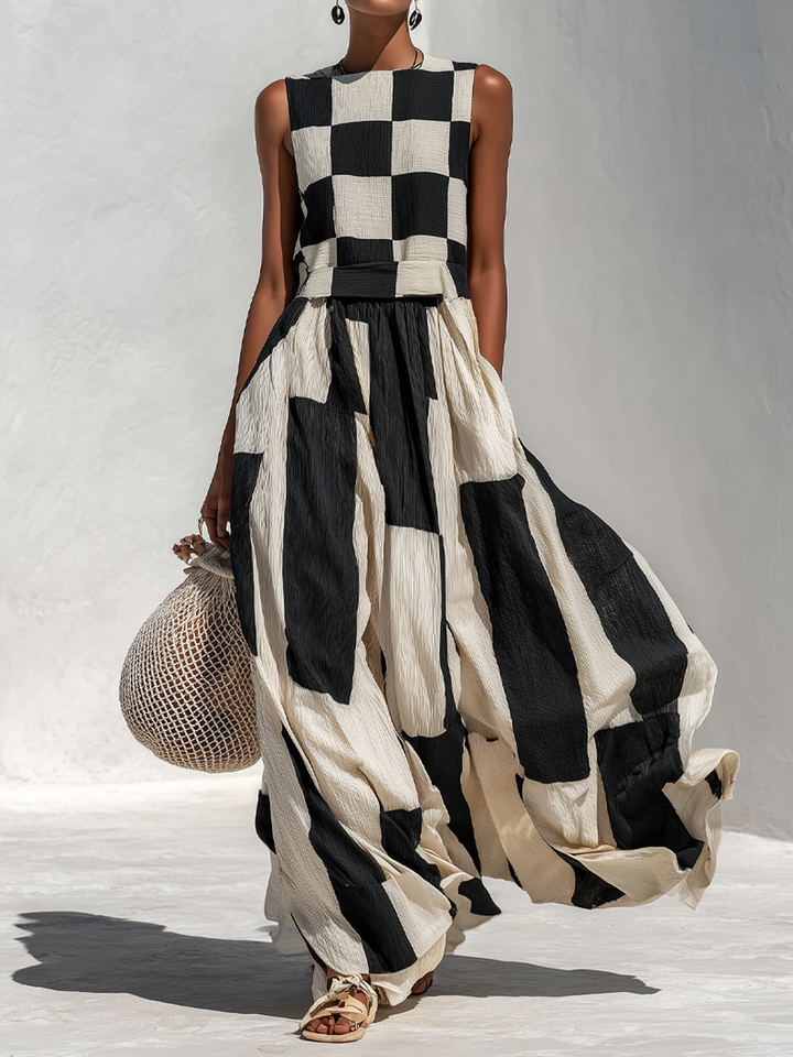 Ashlyn - Checked And Striped Sleeveless Panel Dress
