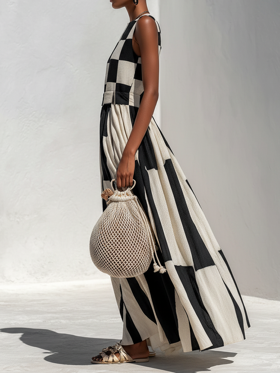 Ashlyn - Checked And Striped Sleeveless Panel Dress