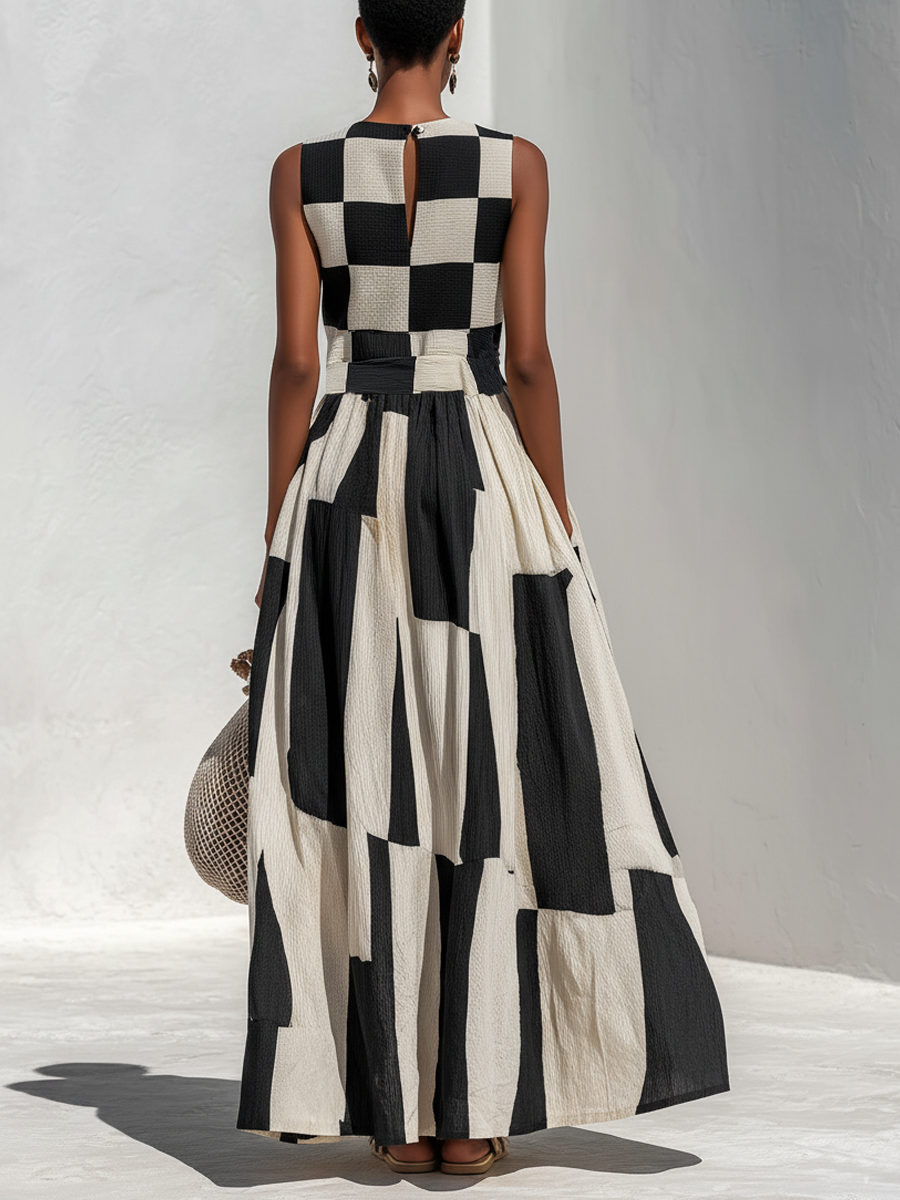 Ashlyn - Checked And Striped Sleeveless Panel Dress