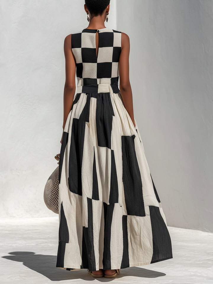 Ashlyn - Checked And Striped Sleeveless Panel Dress