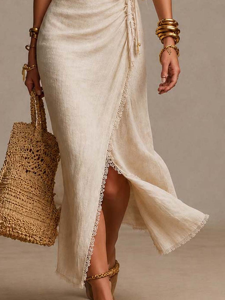Szarlota - Linen Wrap Maxi Dress With Ruffles and Lace Trim