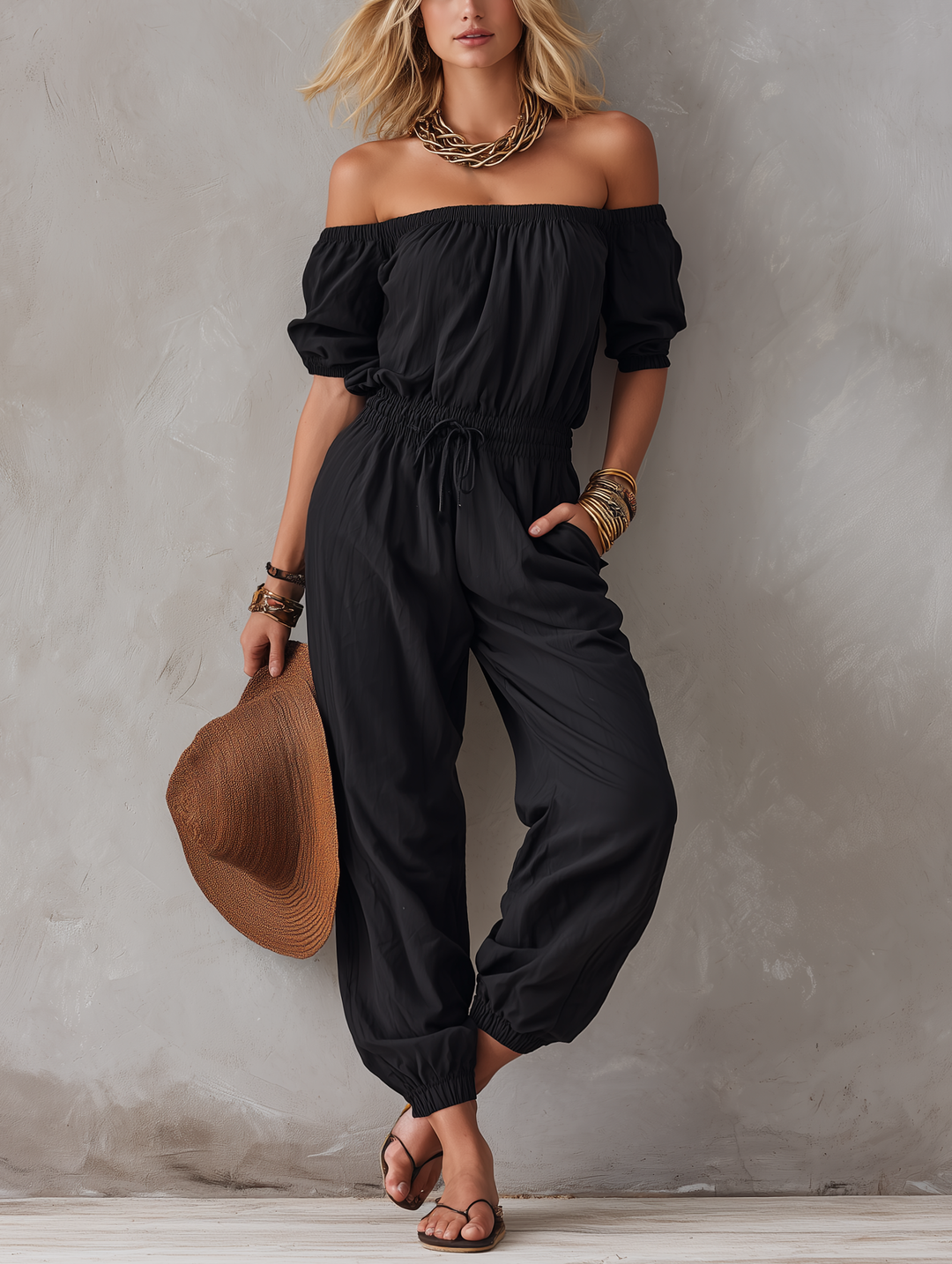 Nisan - Woven Off-shoulder Sleeveless Jumpsuit