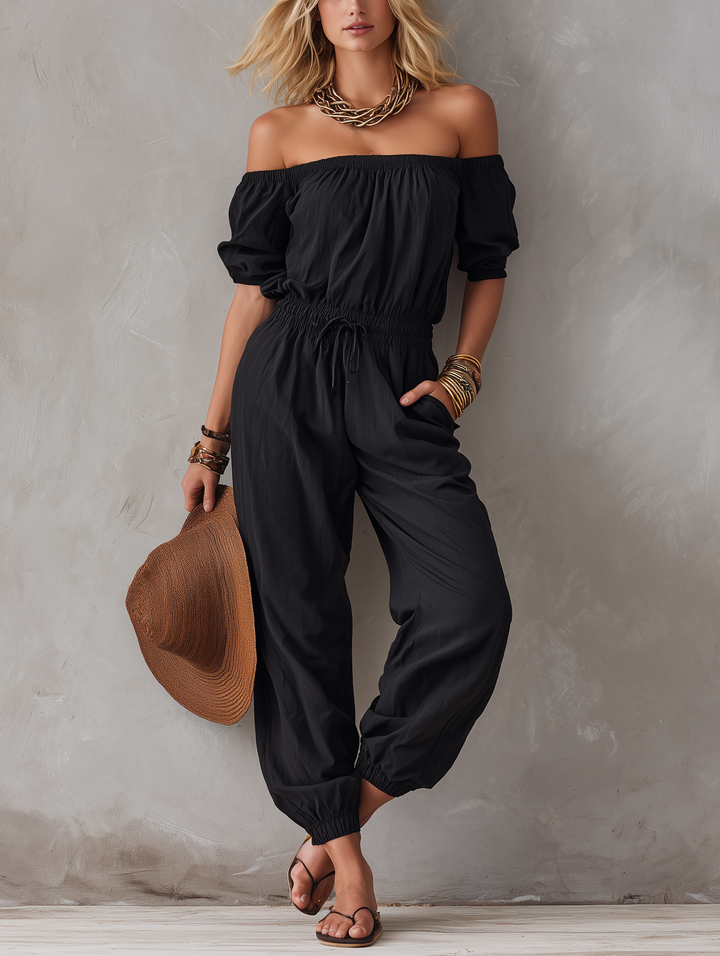 Nisan - Woven Off-shoulder Sleeveless Jumpsuit