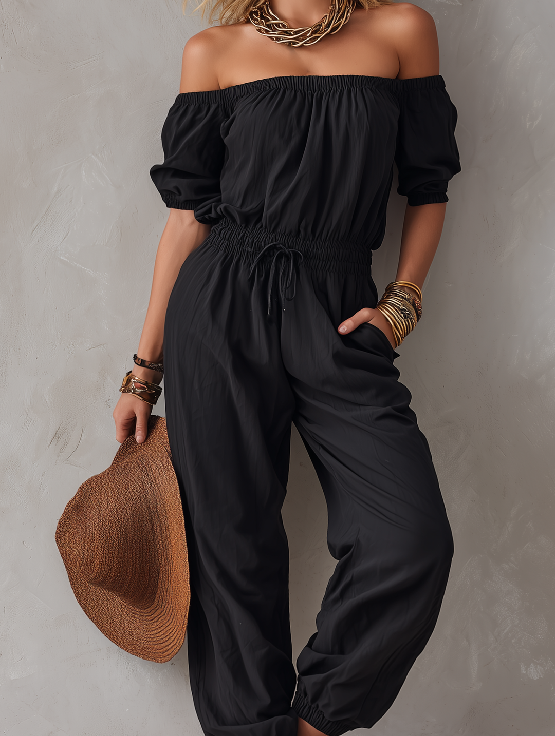Nisan - Woven Off-shoulder Sleeveless Jumpsuit