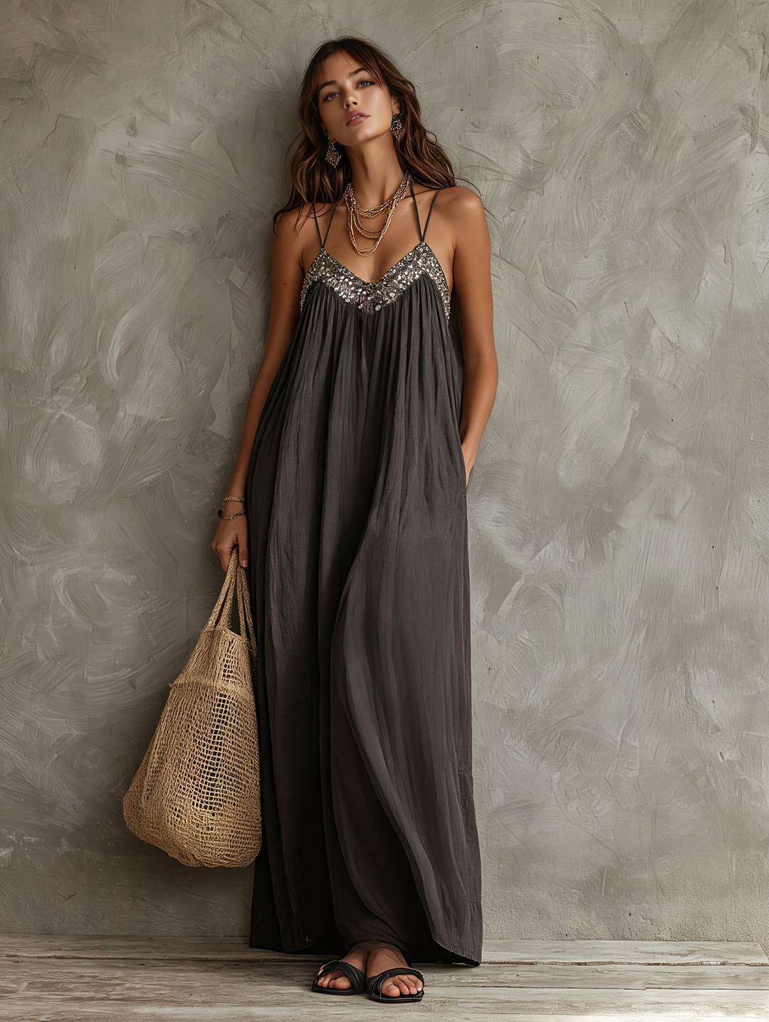 Noreene - Casual Woven Maxi Dress With V-neck