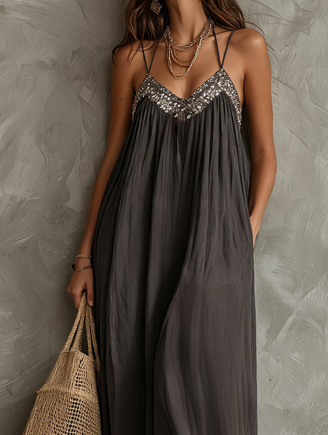 Noreene - Casual Woven Maxi Dress With V-neck