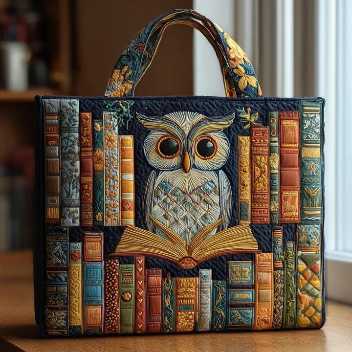 Tyliana - Embroidered Owl Library Quilted Tote Bag