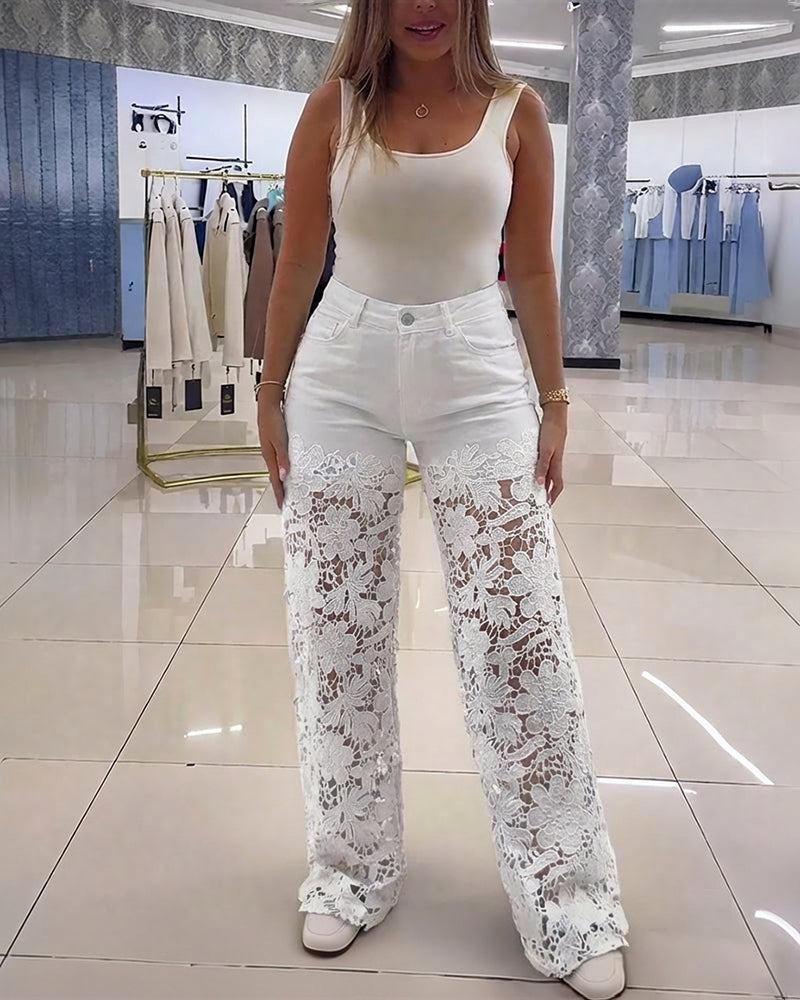 Erija - High Waisted Jeans With Floral Lace Panels