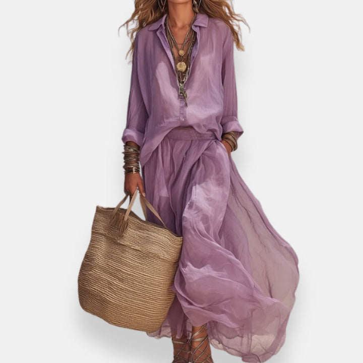 Luena - Shirt And Long Pleated Skirt Set