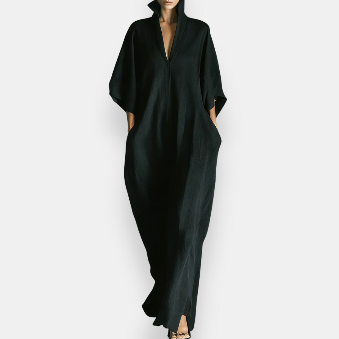 Maricel - Long Stand Collar Dress with Side Pockets