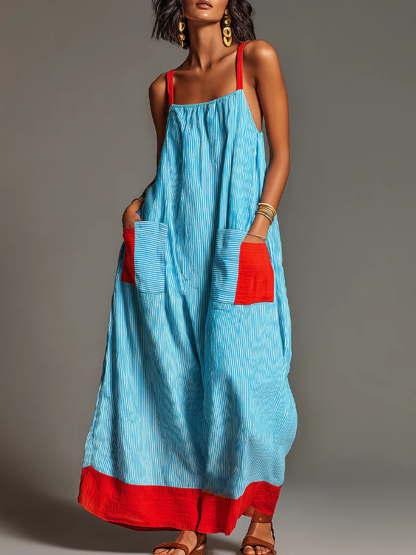 Sallina - Striped Maxi Dress With Red Contrast