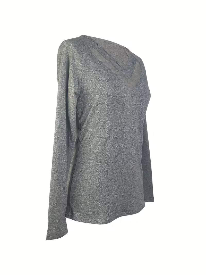Mesha- V-neck Mesh Insert Long Sleeve Top