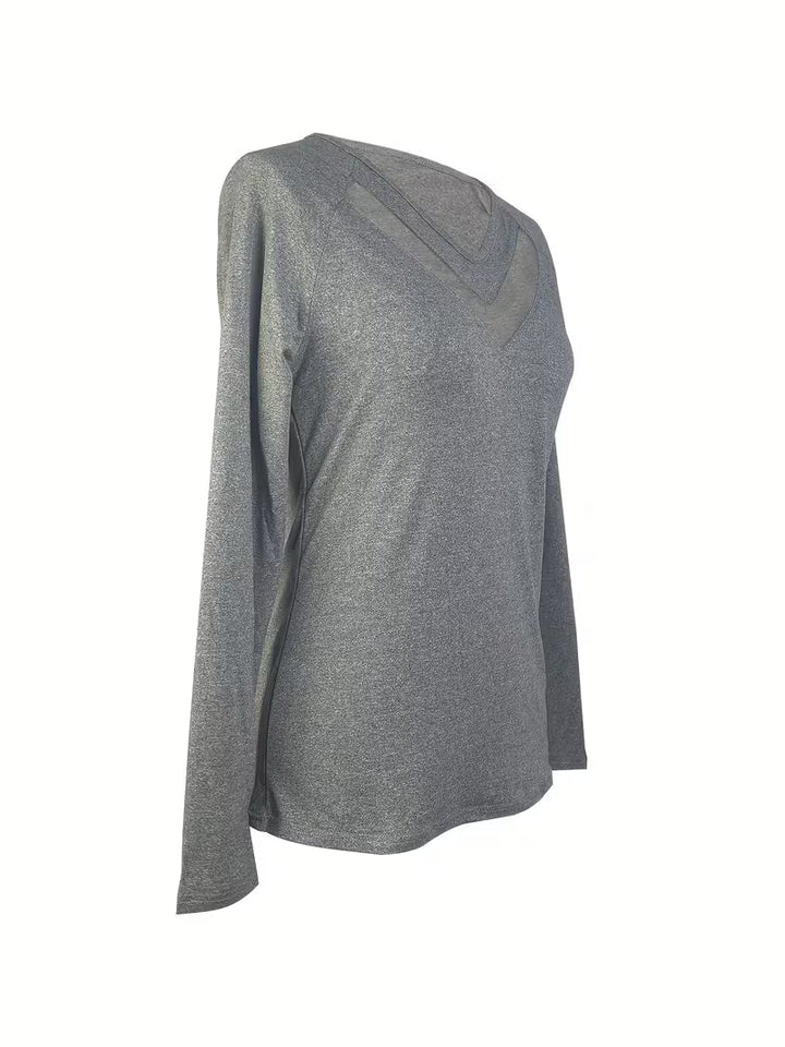 Mesha- V-neck Mesh Insert Long Sleeve Top