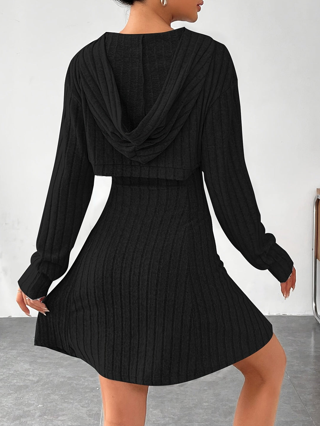 Geneeniya - Ribbed Mini Dress With Cropped Hooded Top