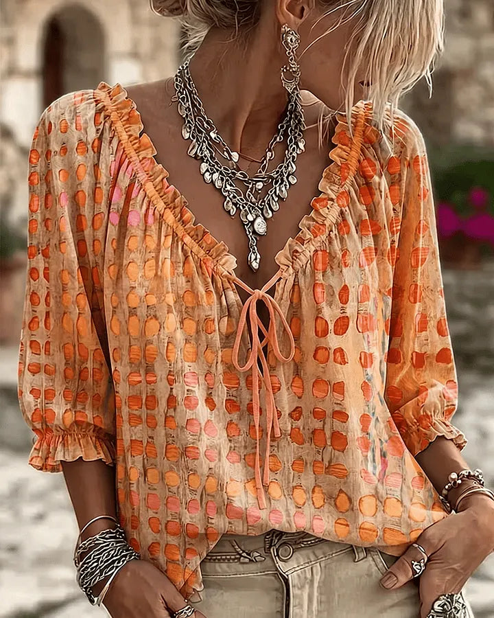 Orlyna - Polka Dot Lace Up Blouse With V-Neck