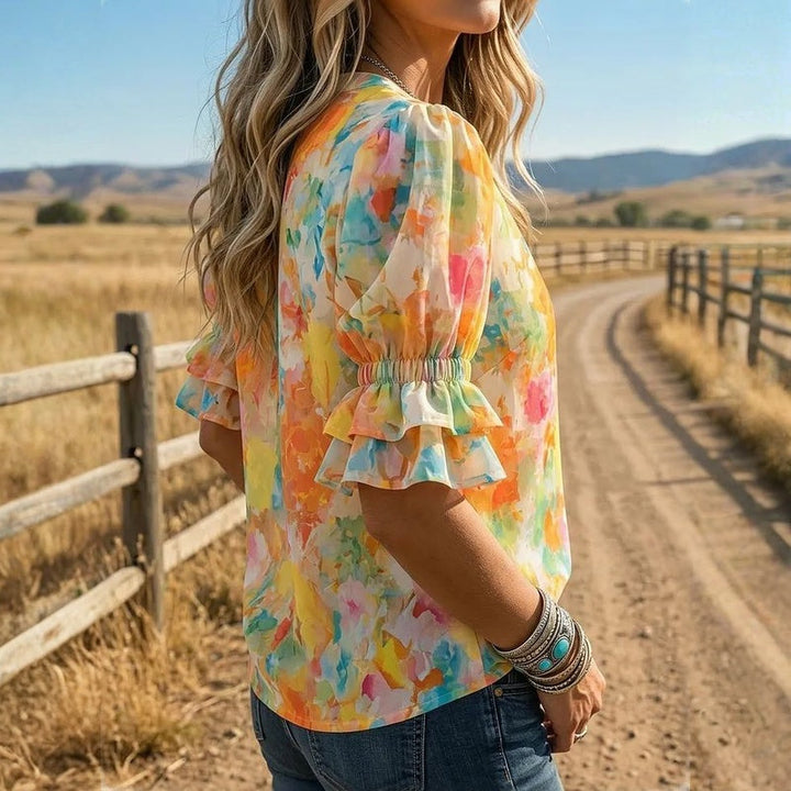 Suda - Floral Button Front Puff Sleeve Blouse