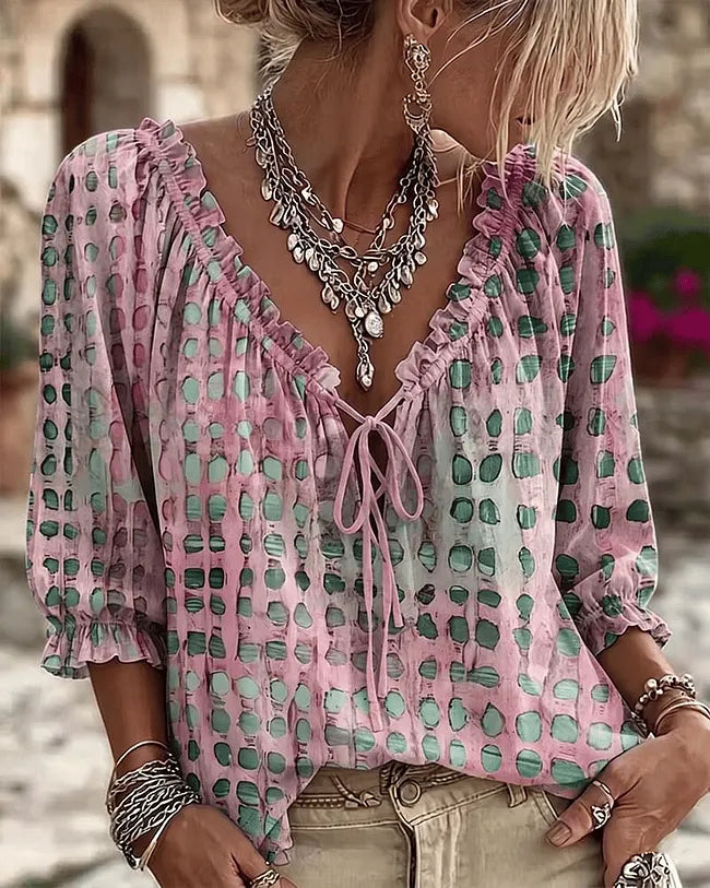 Orlyna - Polka Dot Lace Up Blouse With V-Neck