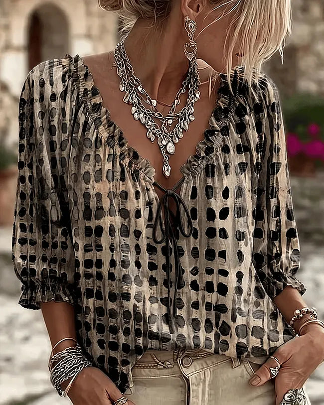 Orlyna - Polka Dot Lace Up Blouse With V-Neck