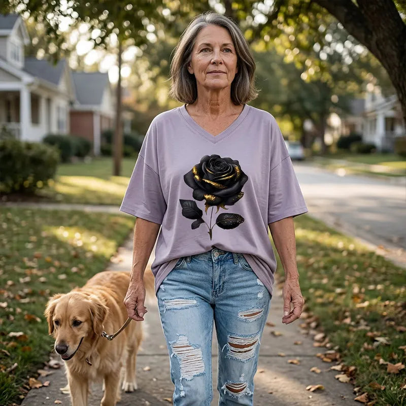 Aijia - Rose Print V-Neck T-Shirt