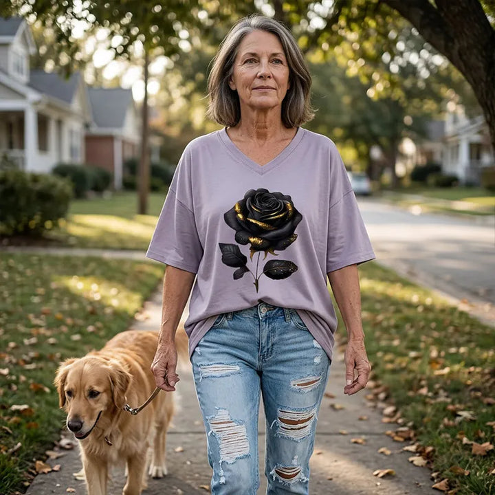 Aijia - Rose Print V-Neck T-Shirt