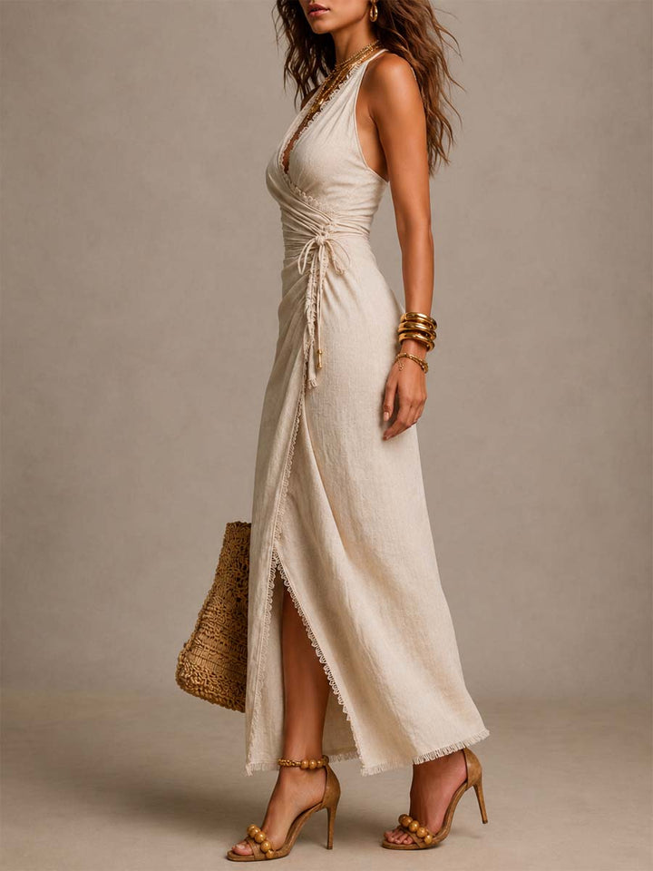 Szarlota - Linen Wrap Maxi Dress With Ruffles and Lace Trim