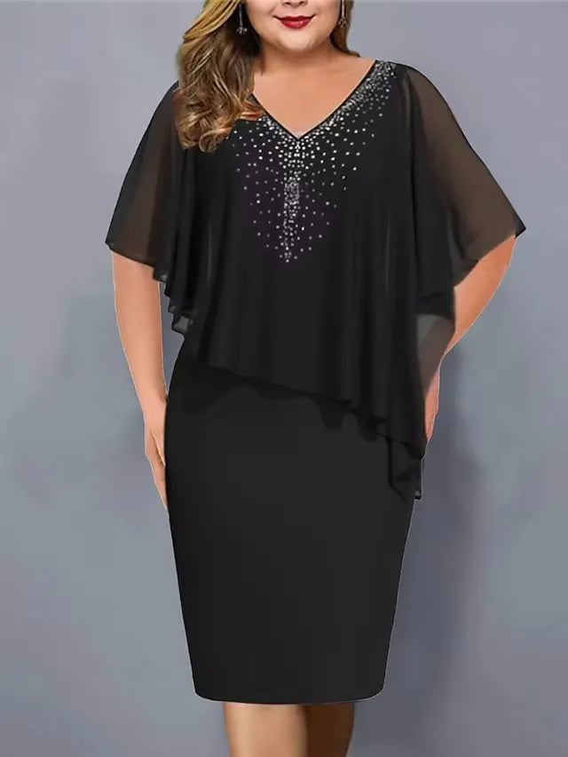 Sylviana - Rhinestone-Embellished Chiffon V-Neck Dress