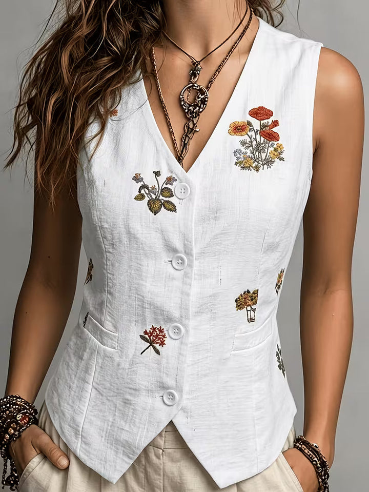 Zarelle - Embroidered Sleeveless Linen Vest