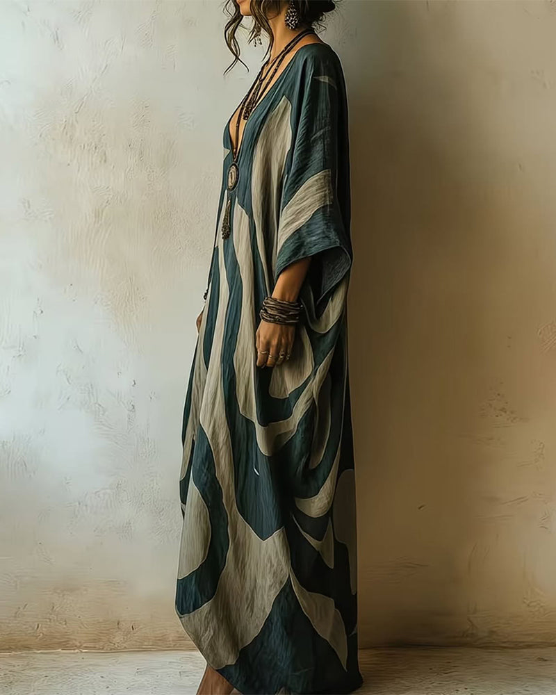 Valarien - V-Neck Abstract Pattern Loose Maxi Dress