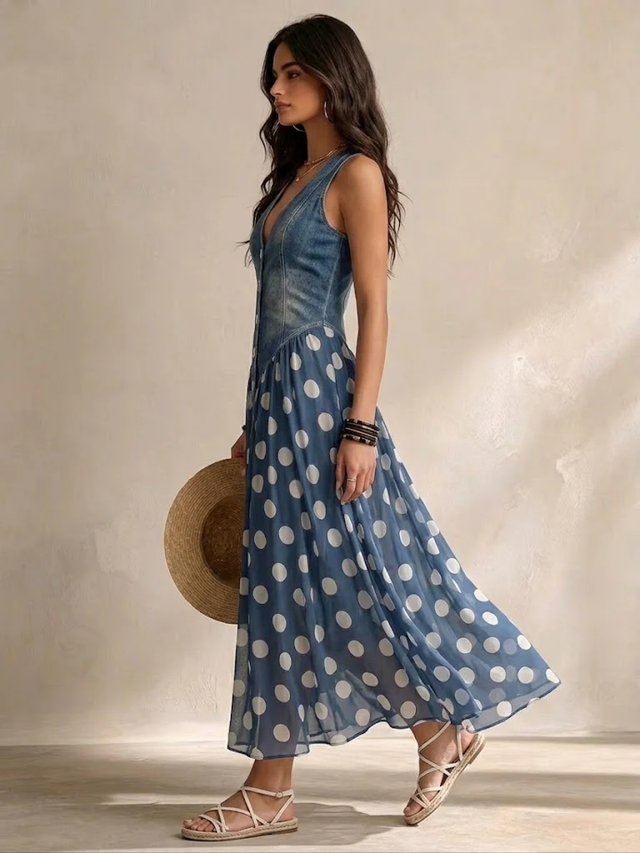 Vylina - Denim Dress With Polka Dot Chiffon Skirt