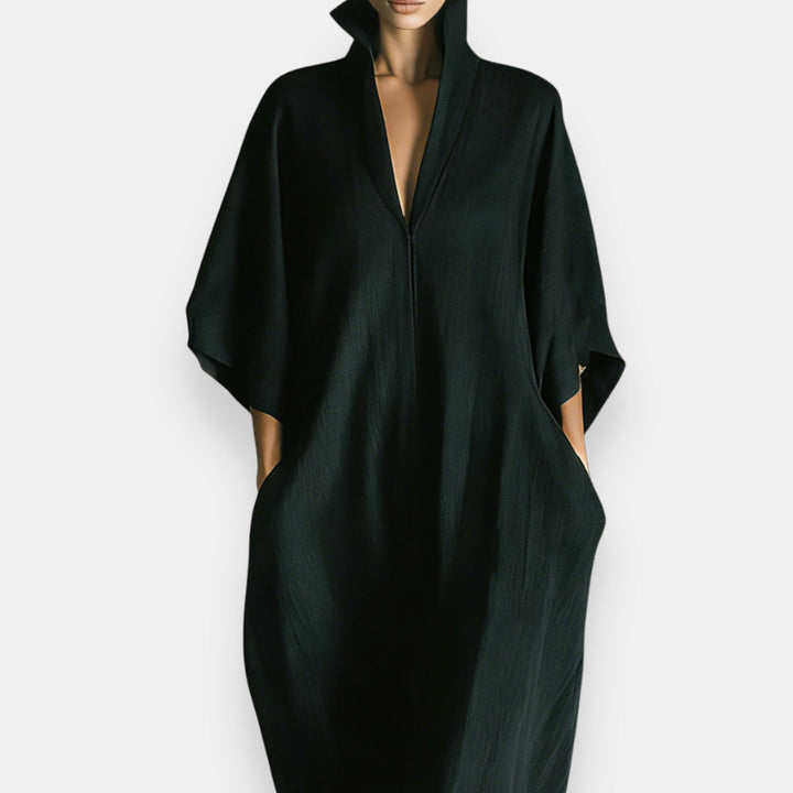 Maricel - Long Stand Collar Dress with Side Pockets