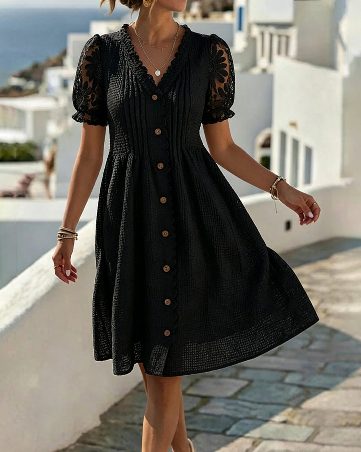 Deneke - Sunflower Lace Patchwork Balloon Sleeve Dress