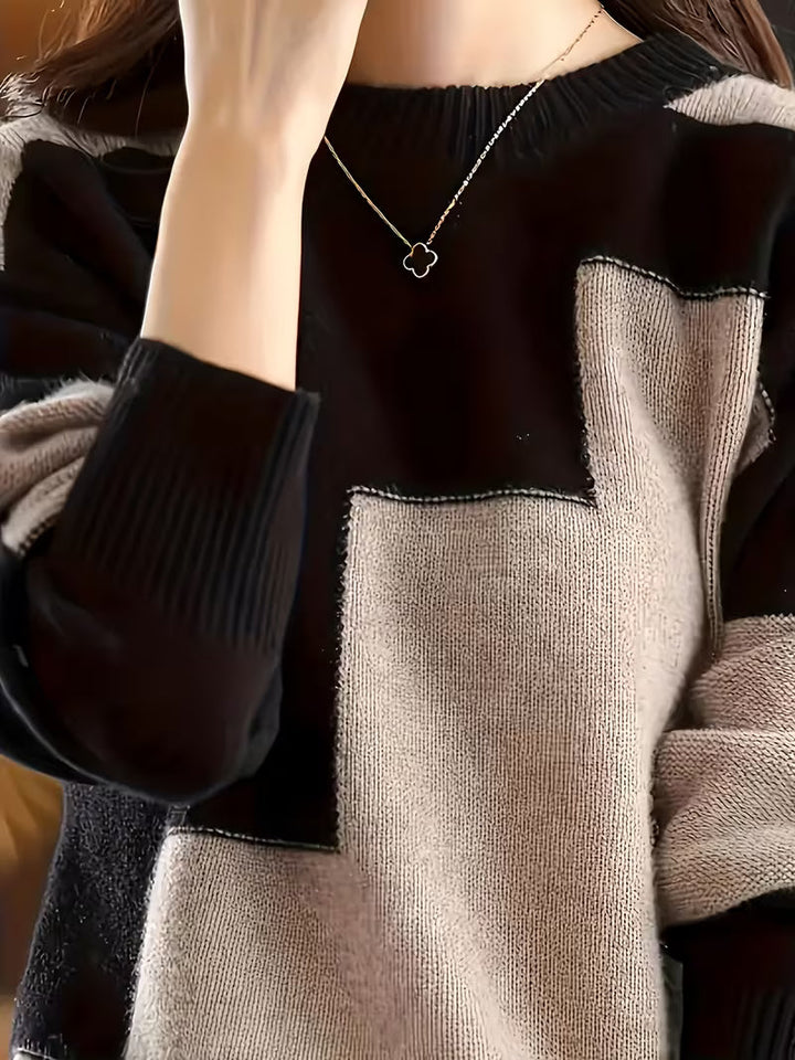 Marvelle - Color Block Crew Neck Long Sleeve Sweater