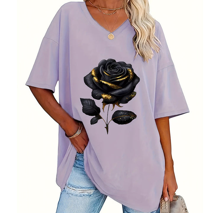 Aijia - Rose Print V-Neck T-Shirt