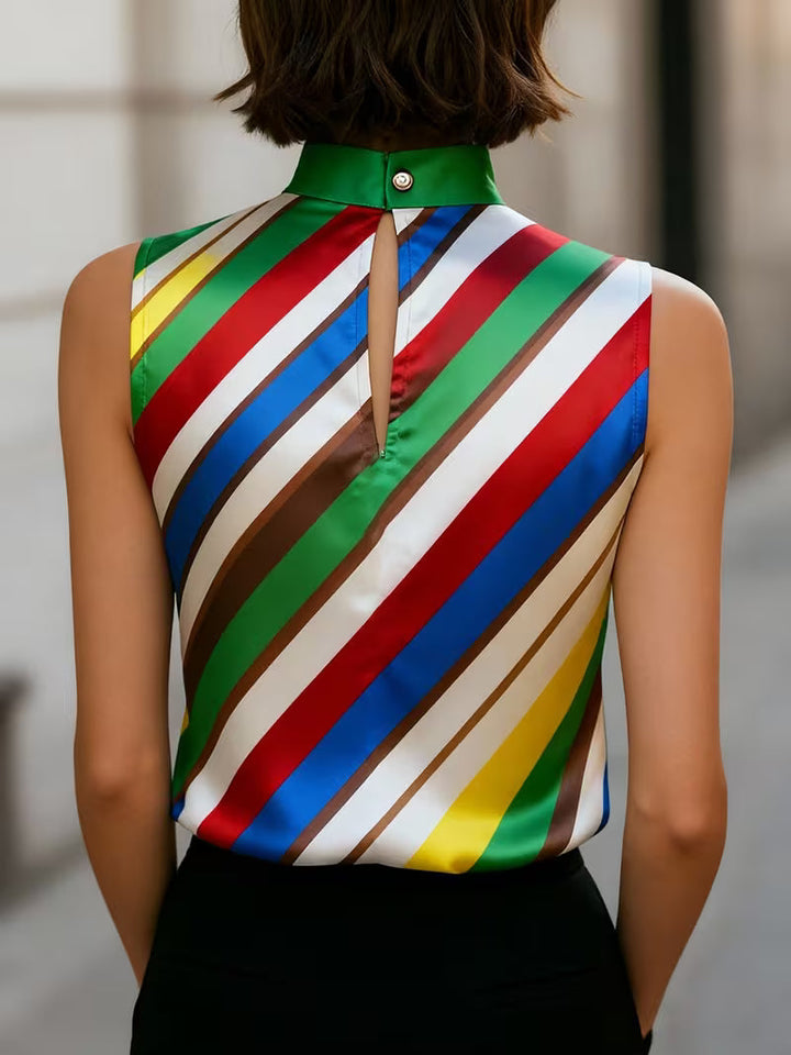 Alyza - Striped Satin High-Neck Sleeveless Top