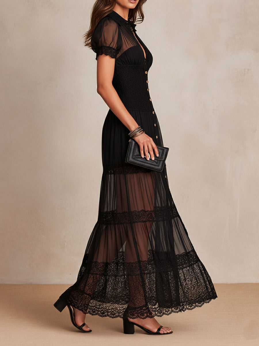 Charuek - Sheer Lace Button-Front Maxi Dress
