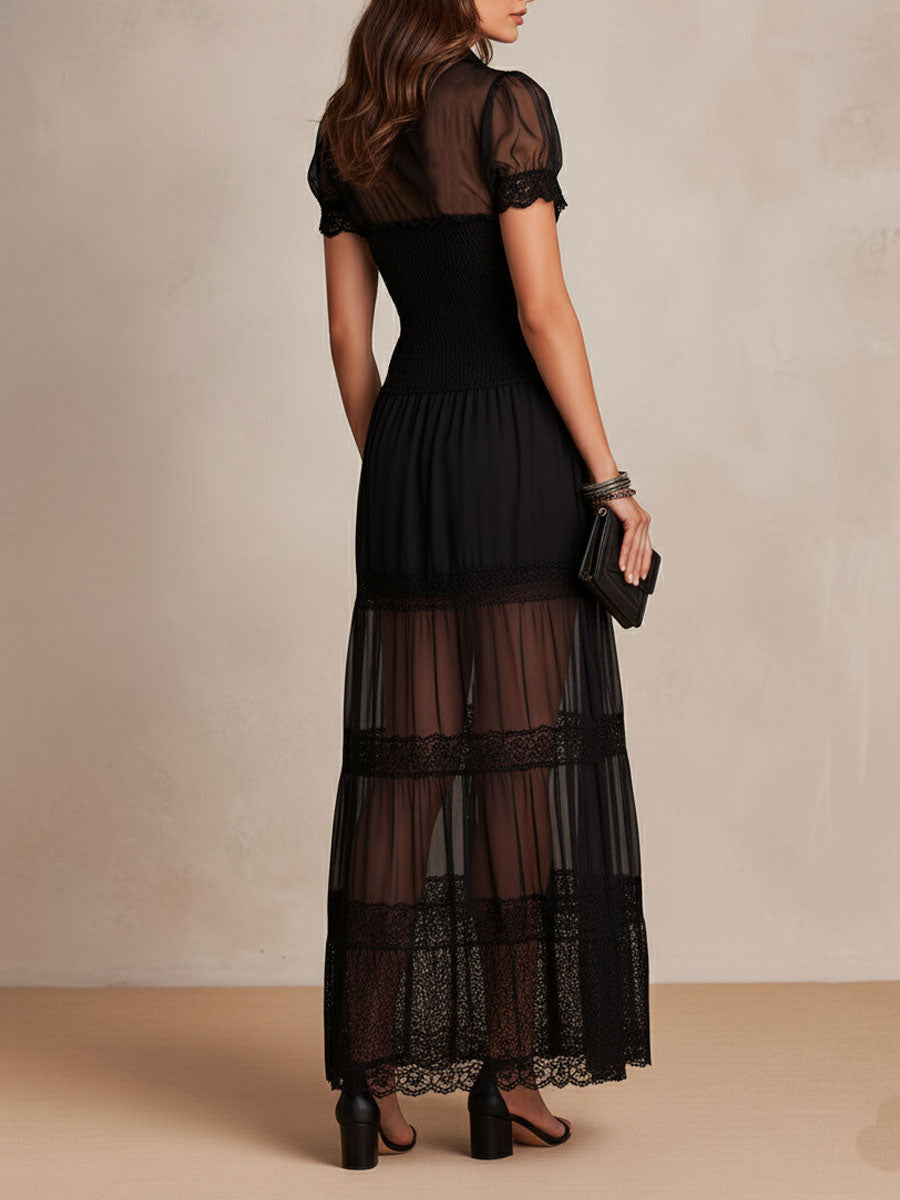 Charuek - Sheer Lace Button-Front Maxi Dress
