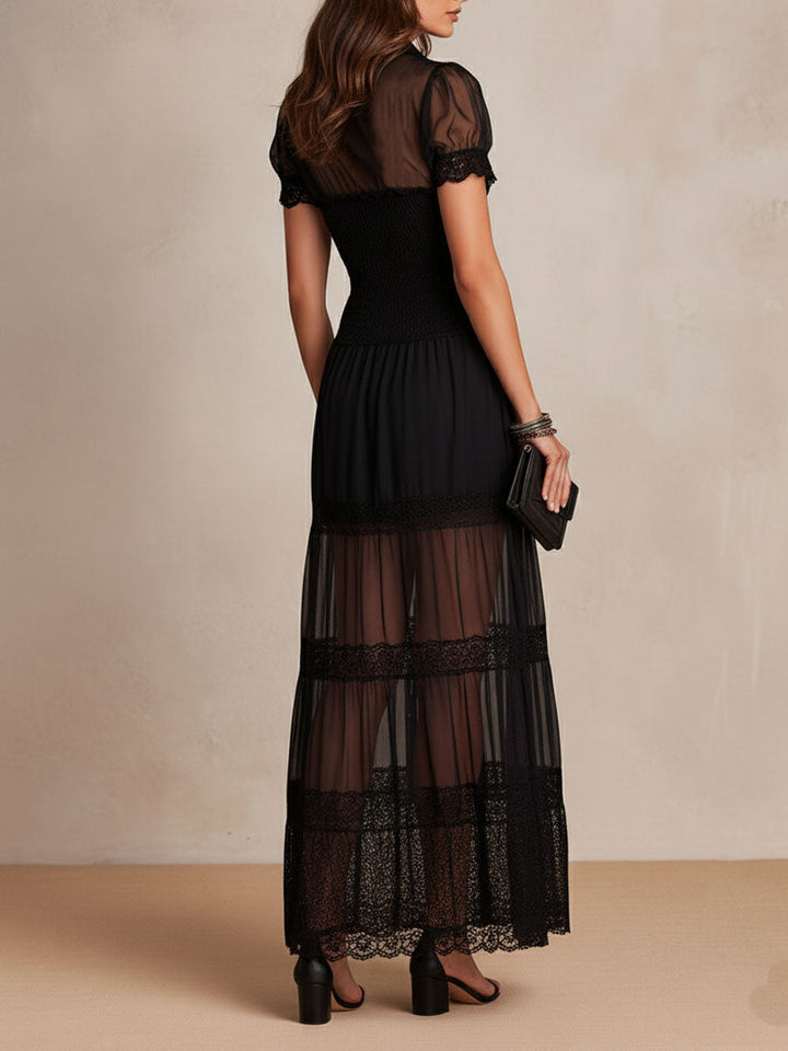 Charuek - Sheer Lace Button-Front Maxi Dress